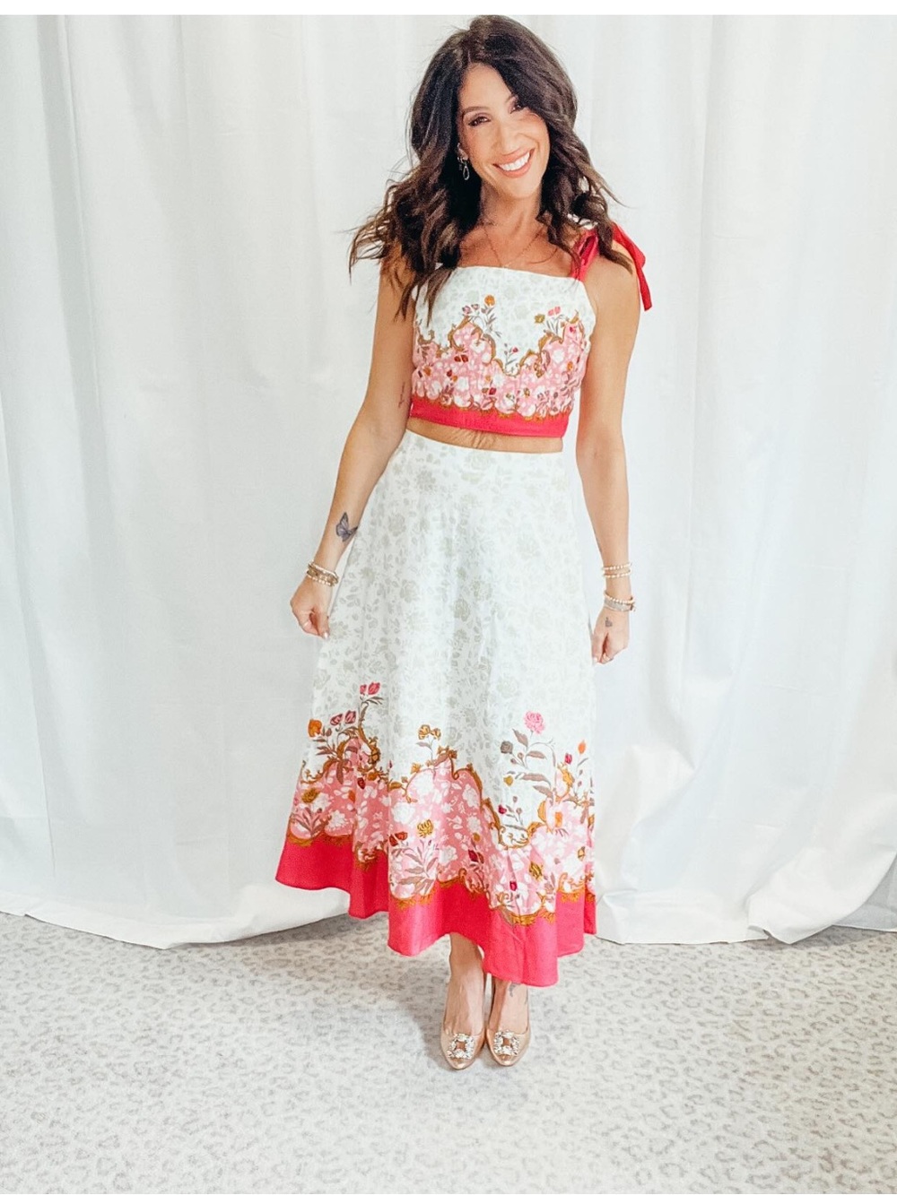 Rachel Zoe White and Pink Floral Midi Skirt Set